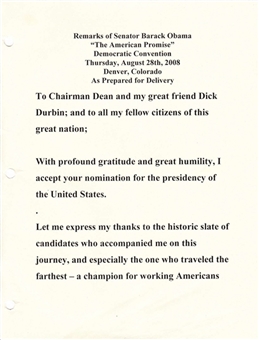 Historic and Significant Barack Obamas 2008 Democratic Convention Nomination-ACTUAL Acceptance Speech - Photo-Matched From His Podium in Denver as Obama Made History! (Affidavits and DNC Badges Incl)